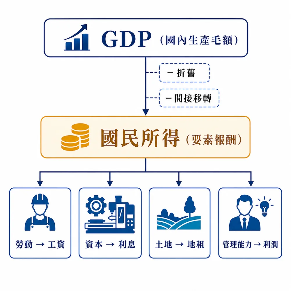 GDP 扣除折舊與間接移轉後成為國民所得,並分配為工資、利息、地租與利潤的概念圖