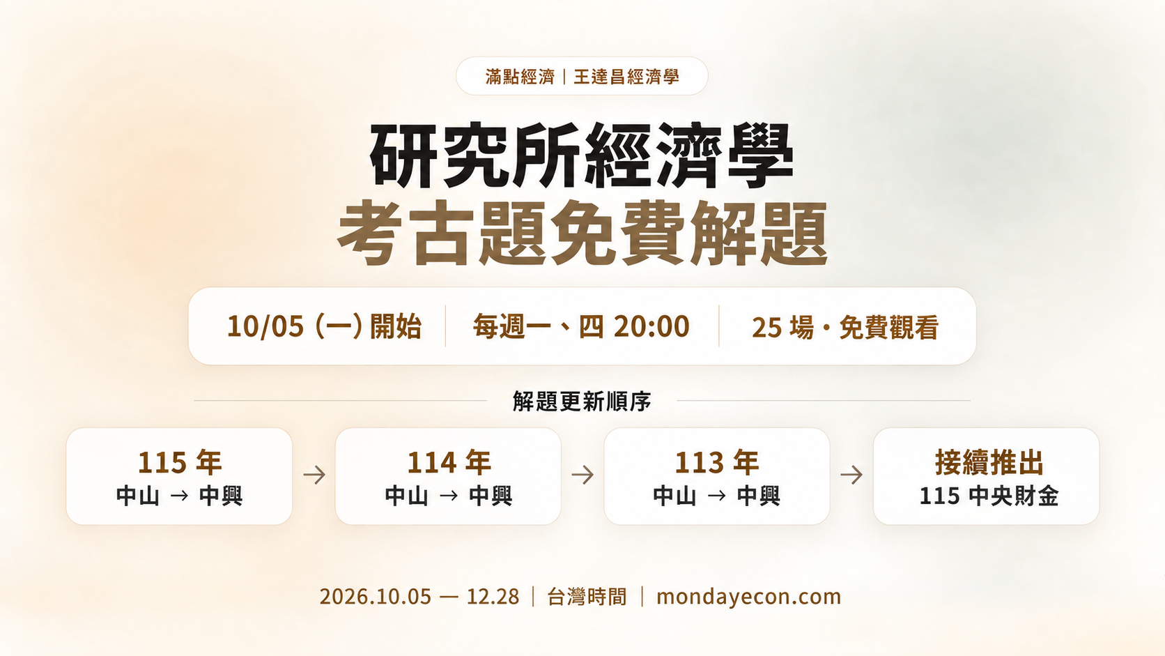 研究所經濟學考古題免費解題，10 月 5 日開始，每週一、四 20:00，共 25 場。